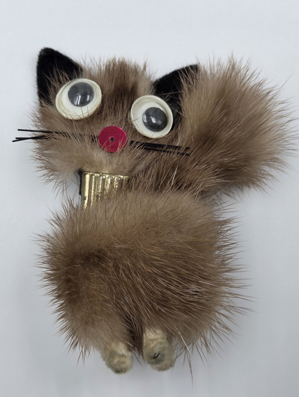 😻Vintage Mid-Century Mink Fur Cat Brooch Googly Eyes Kitsch 1950-1960s
